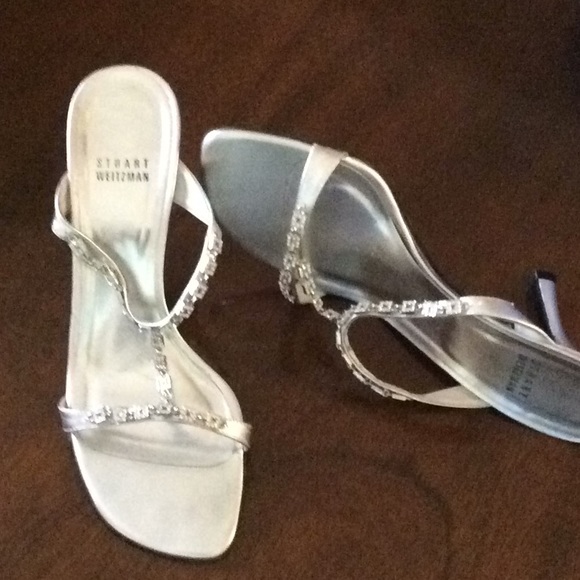 Silver Stuart Weitzman Embellished T-Strap Sandals - Picture 2 of 7